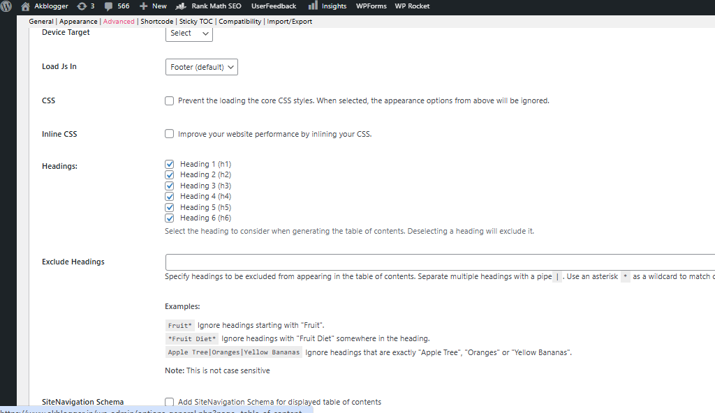 table of content heading setting