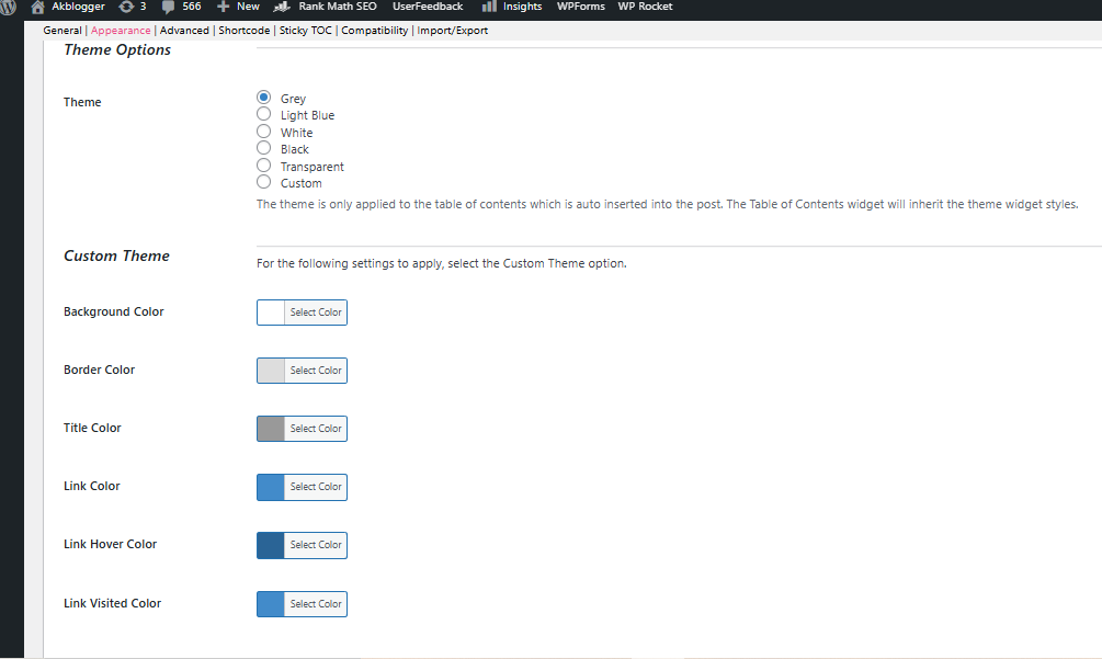 table of content theme option