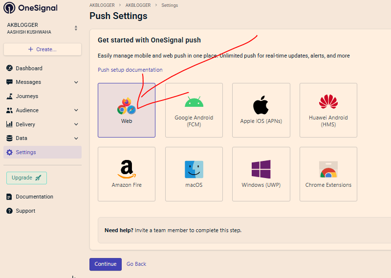 ONESIGNAL SELECT WEB OPTION