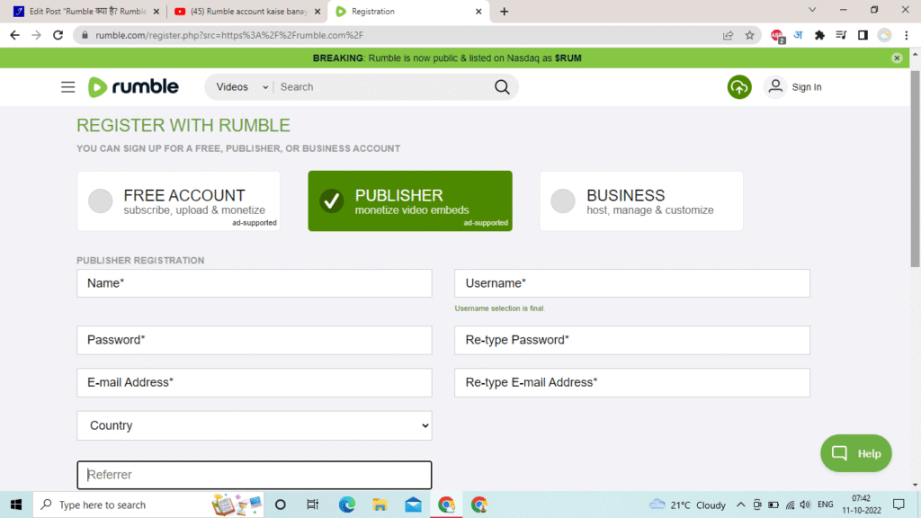 Rumble Publisher Account 