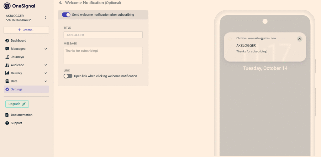onesignal welcome notification
