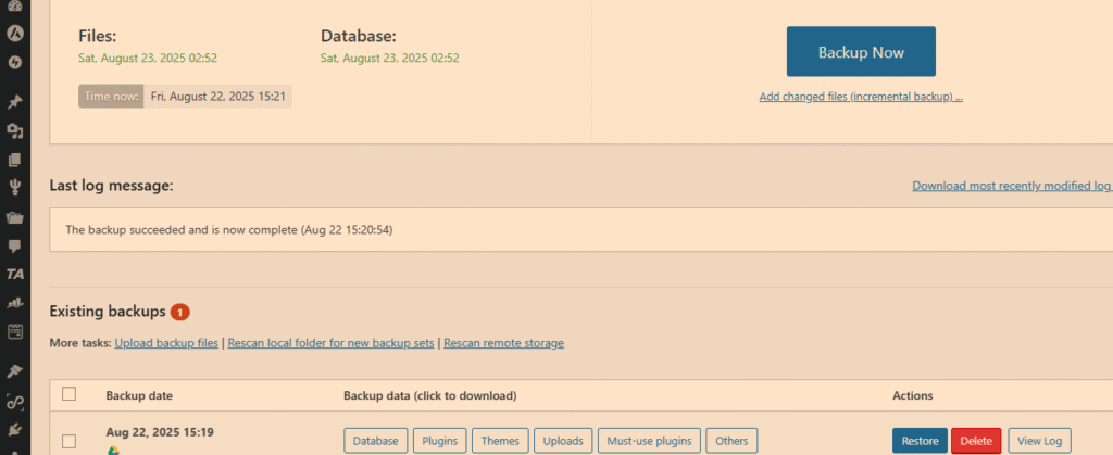 updraft plugin backup restore