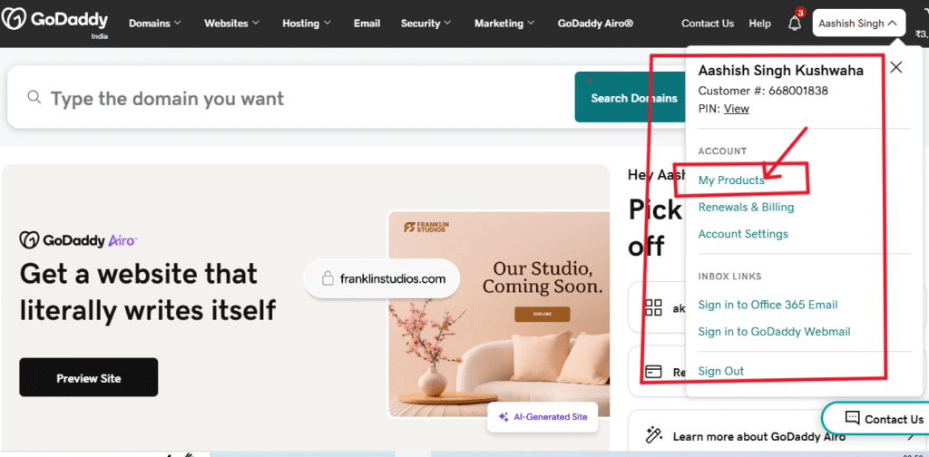 Godaddy my product option