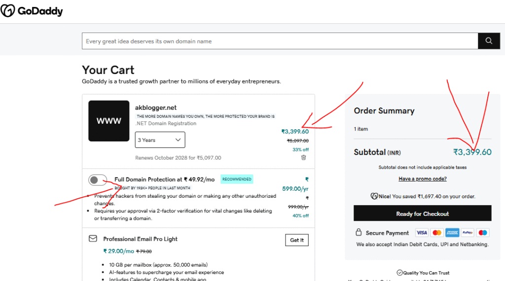 domain name ad to cart