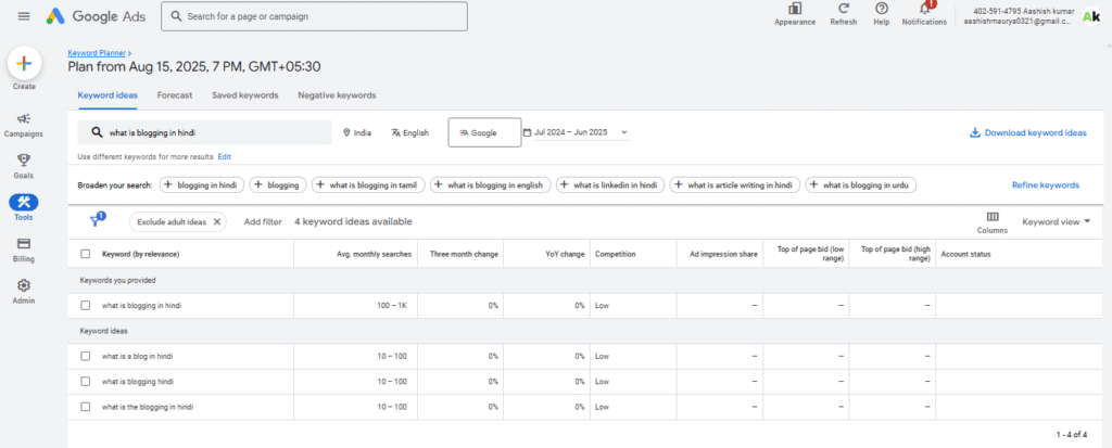 google keyword planner result