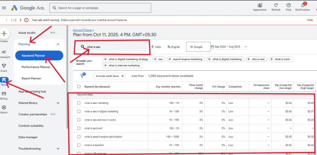 google keyword planner search result