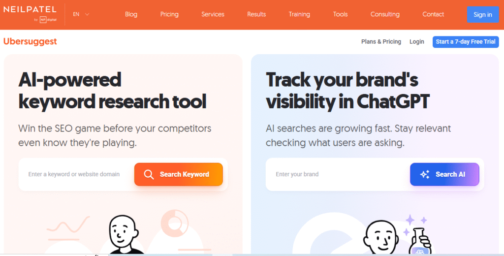 neilpatel ubbersuggest homepage