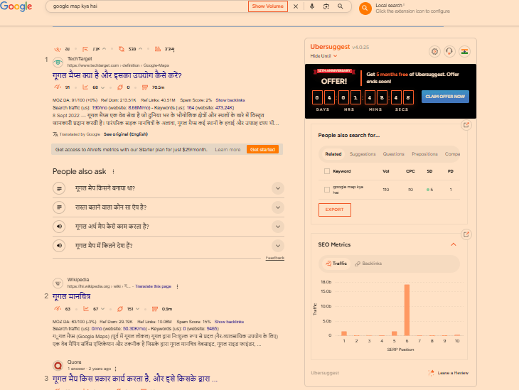 Ubbersuggest search result