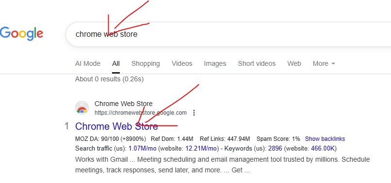 google chrome web search result
