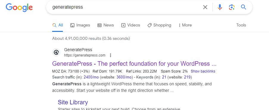 Generatepress theme google result