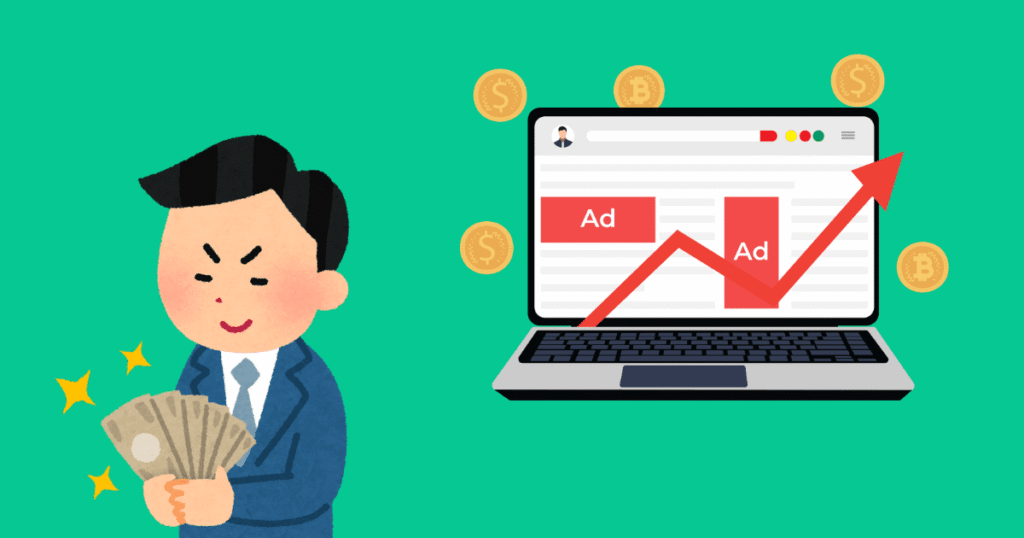 blogging money expain with laptop show ads and men with cash 